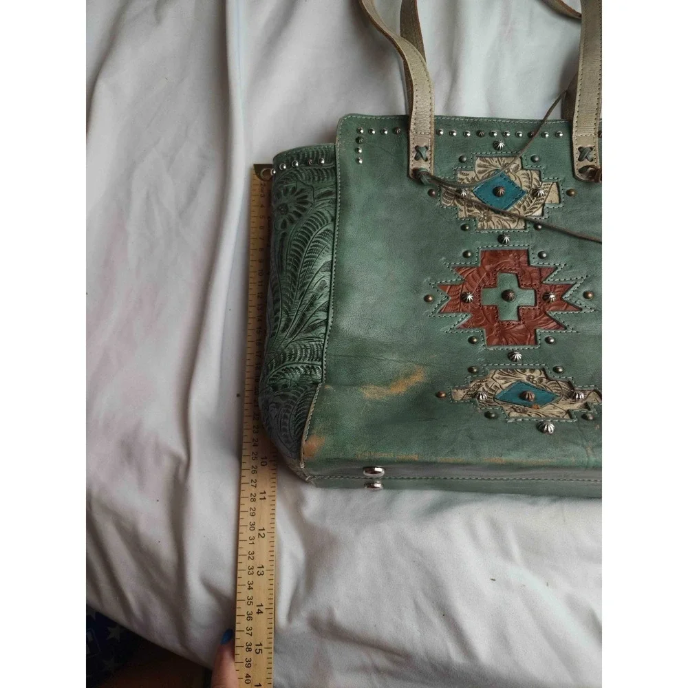 Montana West Tooled Leather Tote Bag Green‎ Southwestern Studded Western Aztec